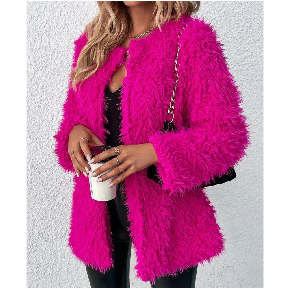 Cozy Hot Pink Open Front Vegan Fur Jacket Coat - Picture 2 of 4